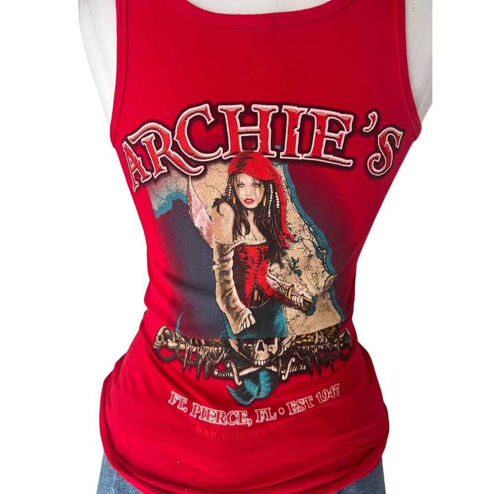 Archie's Tank Top Size M Red Pirate Graphic Souvenir Florida Sleeveless Tee